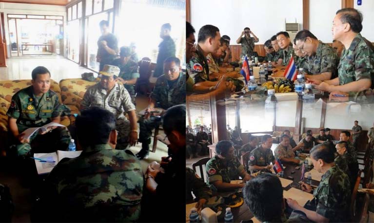 រូបភាពស្តីពីការចរចា​រវាង​ភាគី​កម្ពុជា-ថៃ ក្នុង​គោលដៅ​ឈានទៅរក​ការផ្អាក​ការឈប់​បាញ់​គ្នា​រវាង​កងទ័ព​កម្ពុជា​និង​កងទ័ព​ថៃ ដែល​បាន​ផ្ទុះឡើង​នៅ​ឆ្នាំ ២០០៨ នៅ​ទិស​ប្រាសាទ​ព្រះវិហារ និង​រាលដាល​ដល់​ទិស​ប្រាសាទ​តា​មាន់ និង​ប្រាសាទ​តា​ក្របី​នៅ​ឆ្នាំ ២០១១